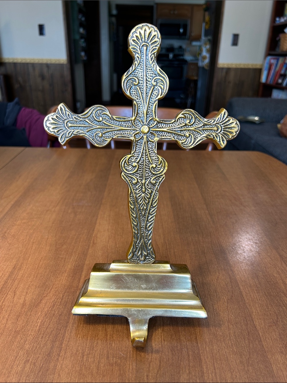 Ornate Decorative Brass Cross Stocking Holder - Gold Tone